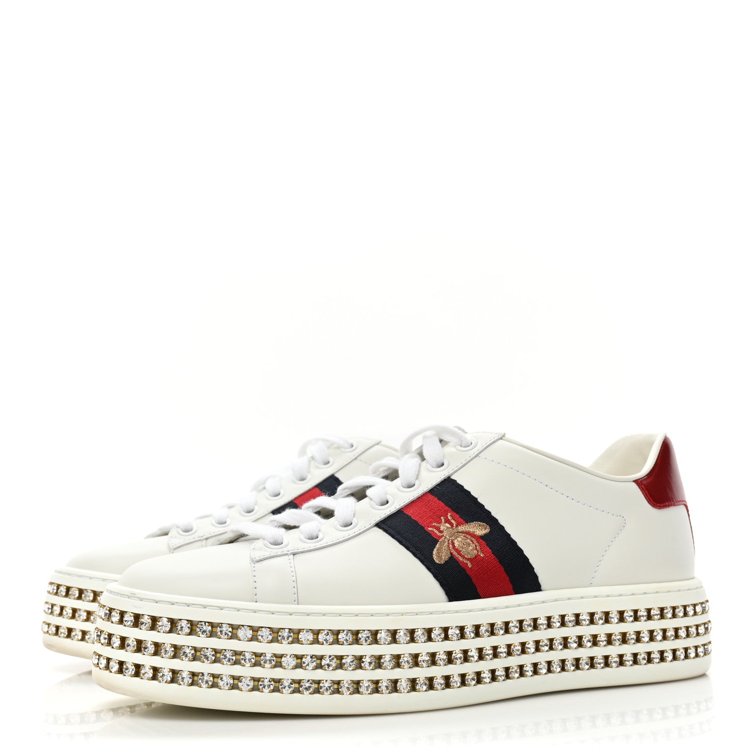 Gucci Calfskin Crystal Web Bee Embroidered Womens Ace Platform Sneakers 37 White 3 of 10