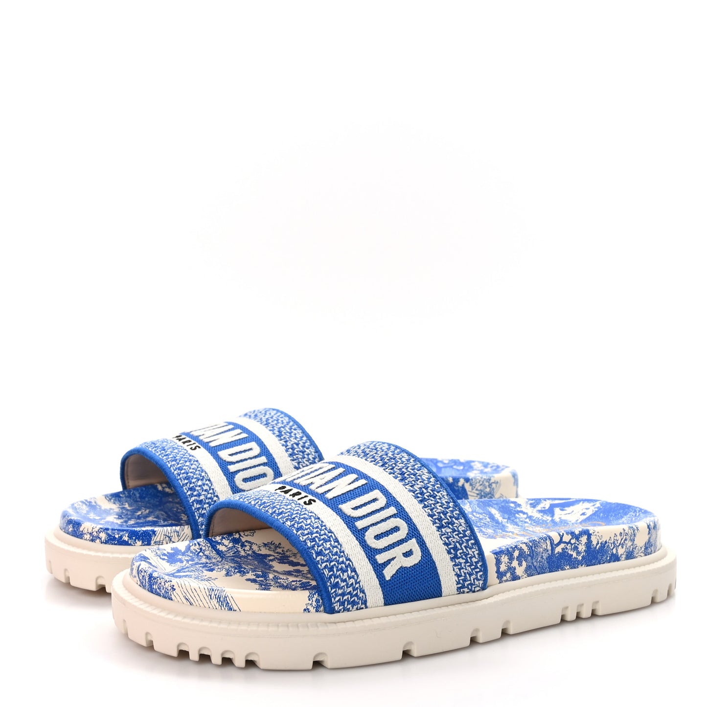 Canvas Toile de Jouy Embroidered Dway 10mm Slide Sandals 37 Off White Blue