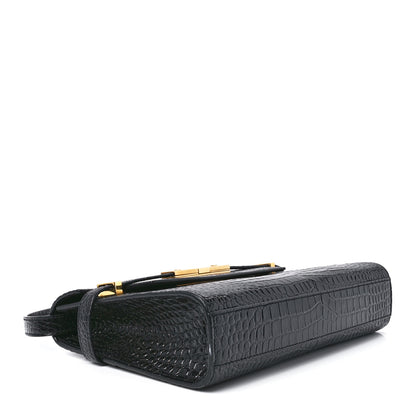 Saint Laurent Shiny Calfskin Crocodile Embossed Small Manhattan Baguette Black 4 of 12