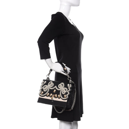 Fendi Vitello Liberty Pearl Bi-Color Flowers and Bows Scalloped Studded Kan I Shoulder Bag Black Camelia 3 of 10