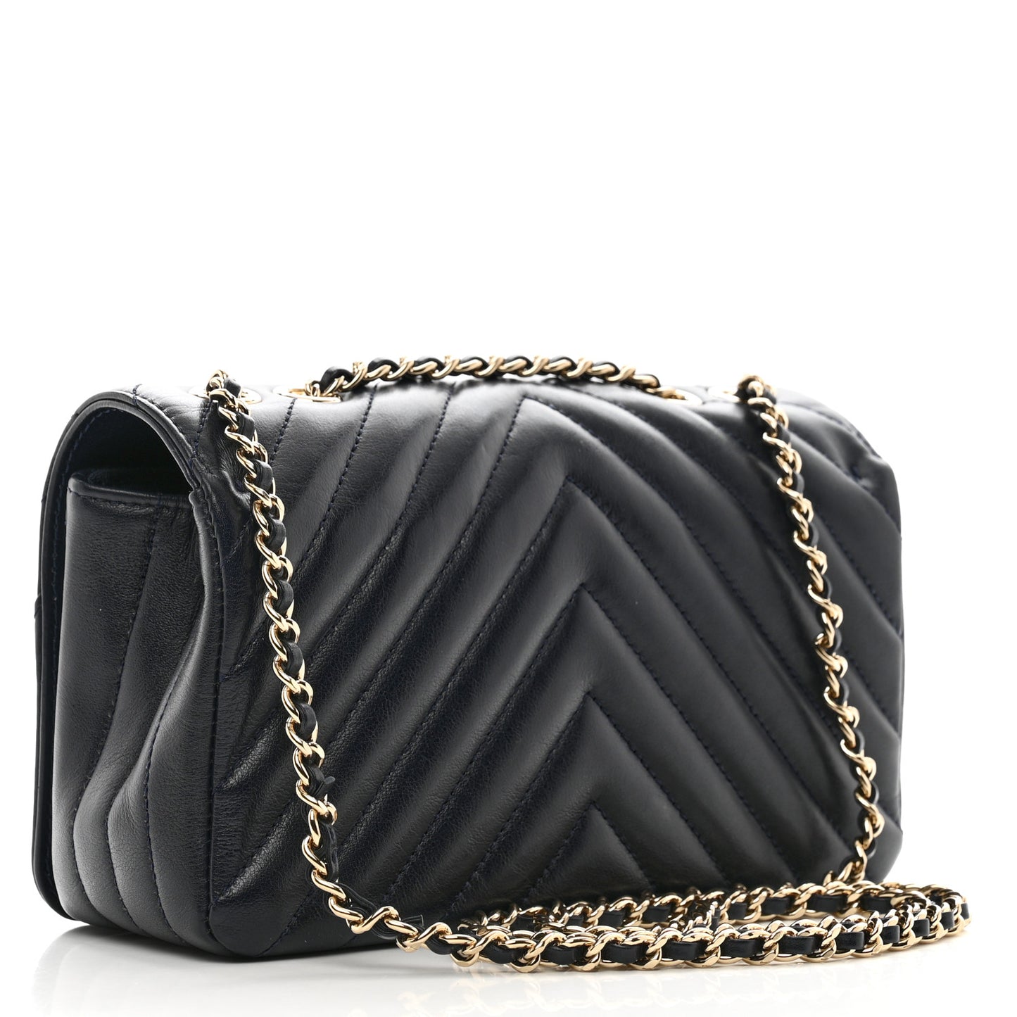 Calfskin Chevron Quilted Mini Statement Flap Navy Blue