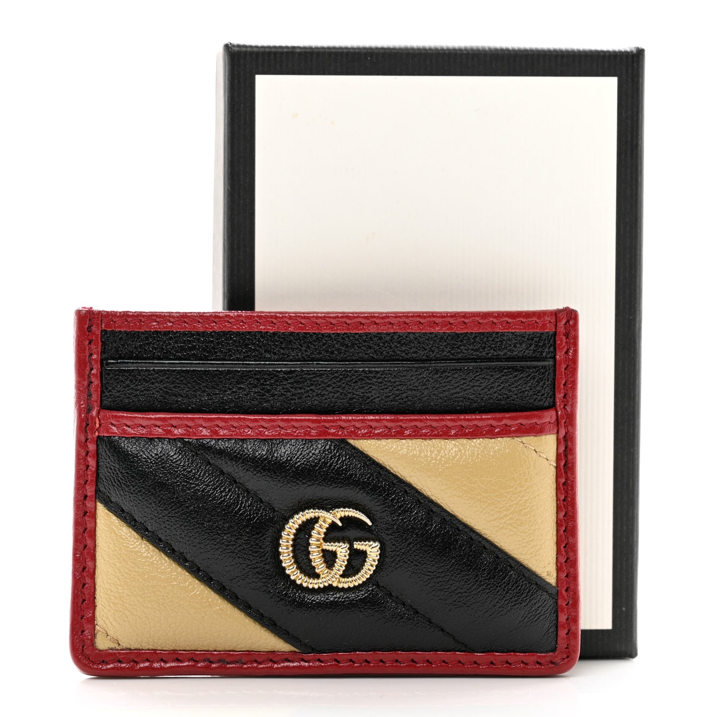 Azalea Calfskin Matelasse Diagonal Patchwork Torchon GG Marmont Card Case Black Beige Romantic Cerise