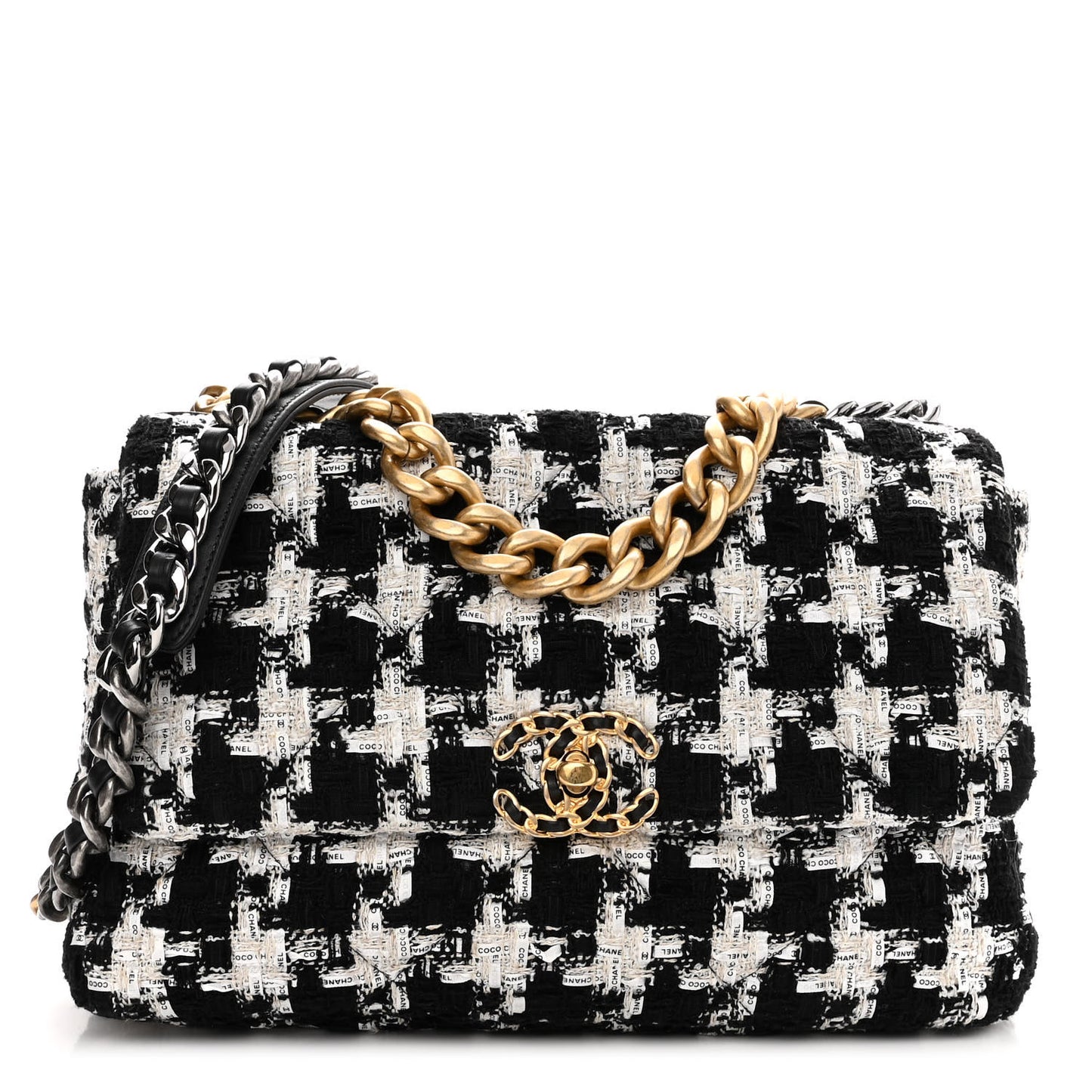 Tweed Quilted Large Chanel 19 Flap Black Ecru White