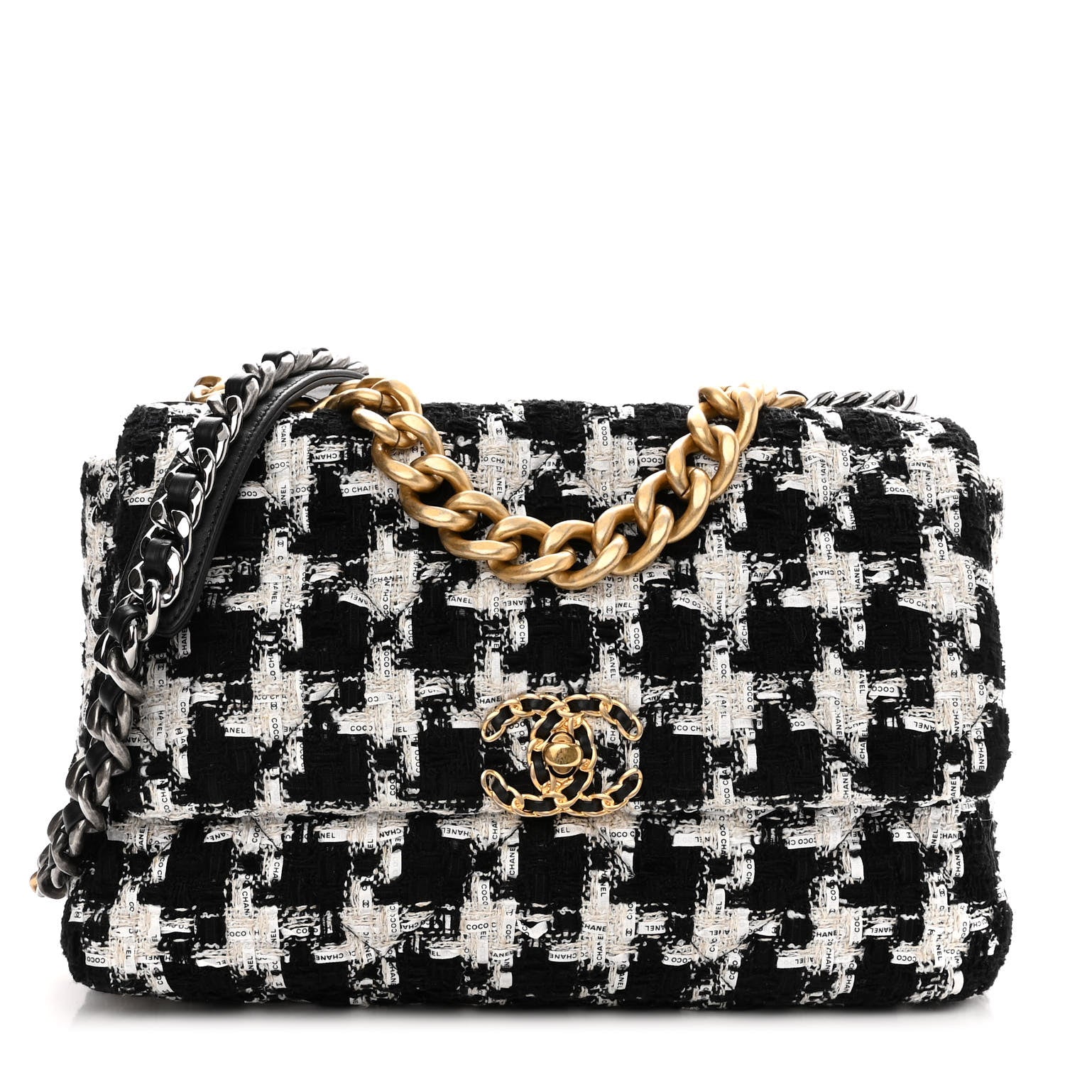 Chanel Tweed Quilted Large Chanel 19 Flap Black Ecru White 1 of 9