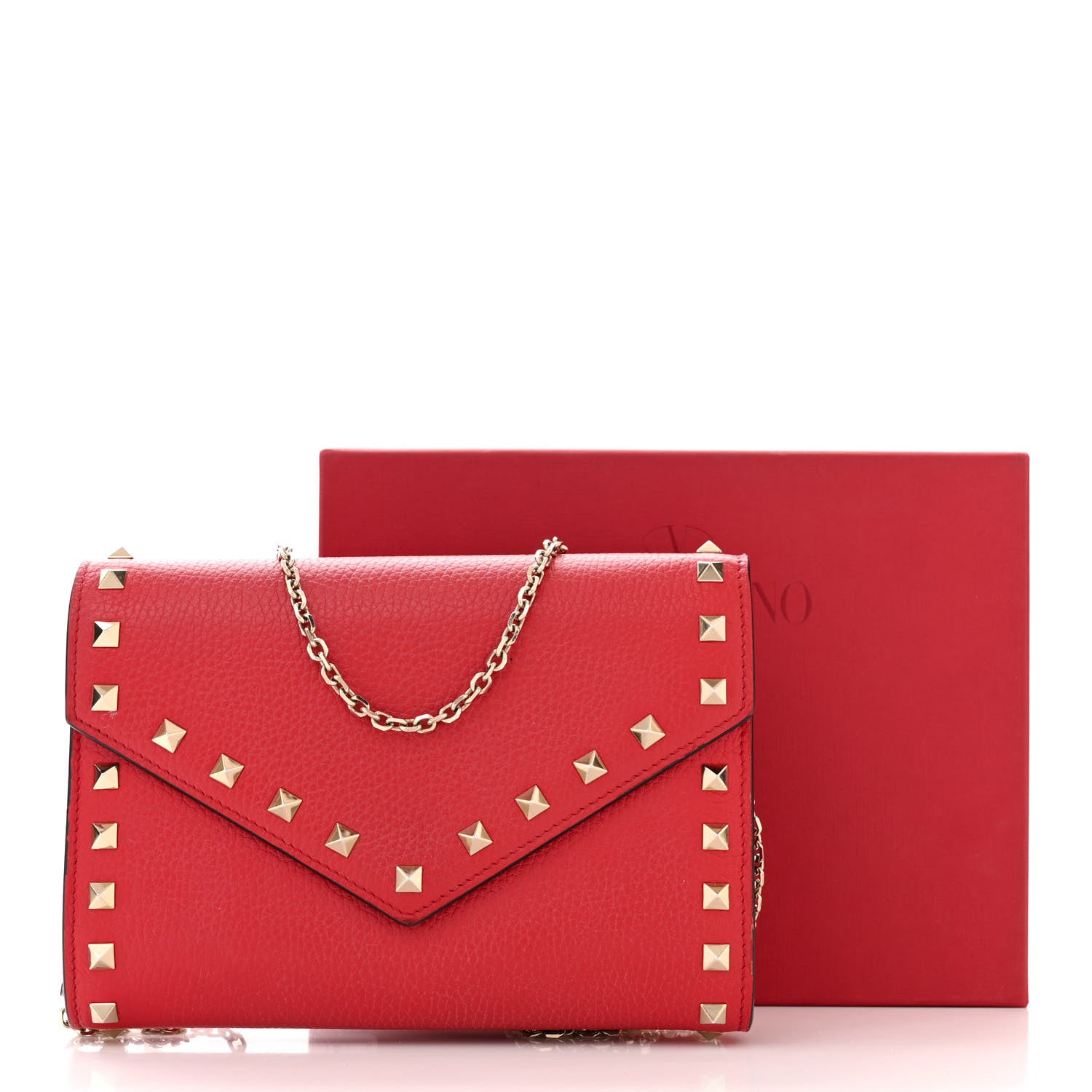 Valentino Garavani Pebbled Calfskin Rockstud Envelope Wallet on Chain Rosso Valentino 11 of 11