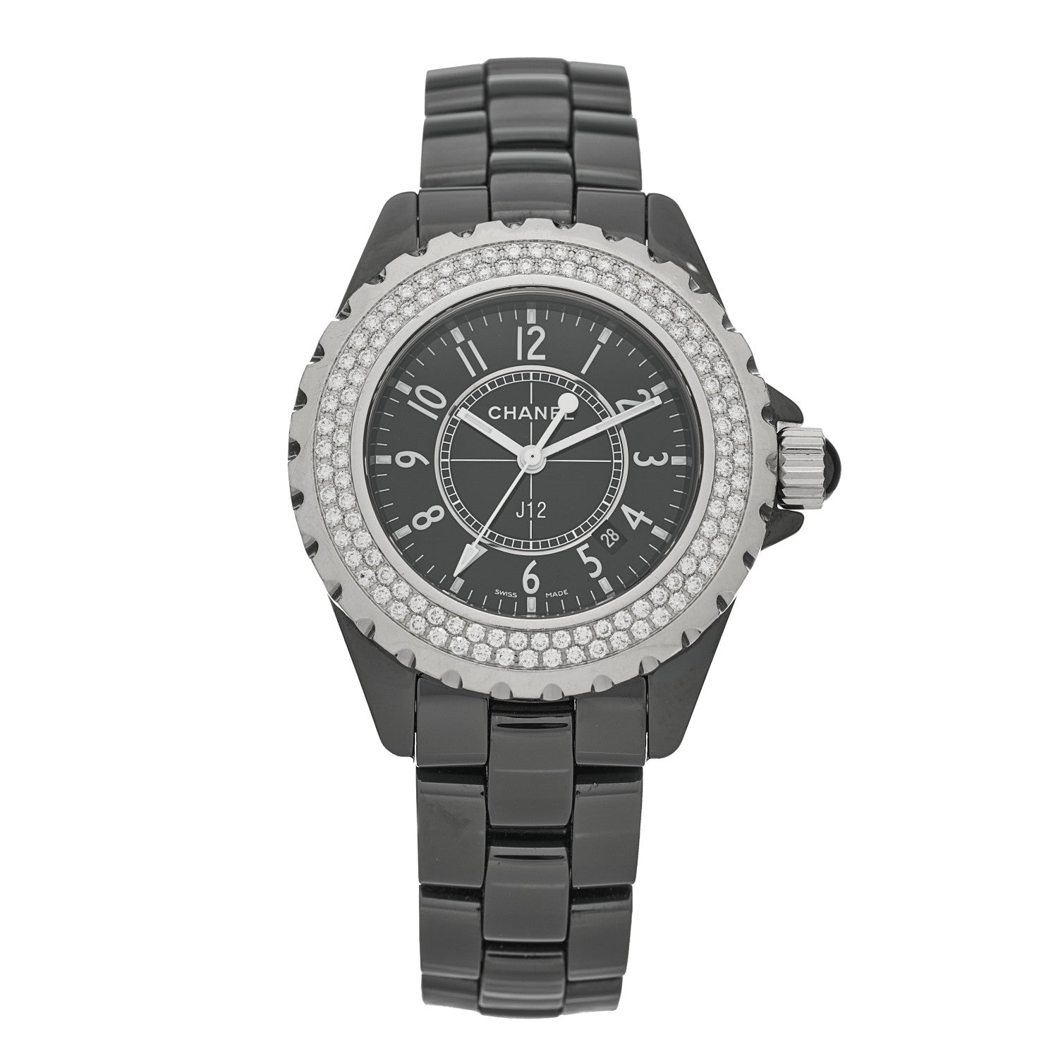 Chanel Stainless Steel Ceramic Diamond Pave Bezel 33mm J12 Quartz Watch Black 1 of 4