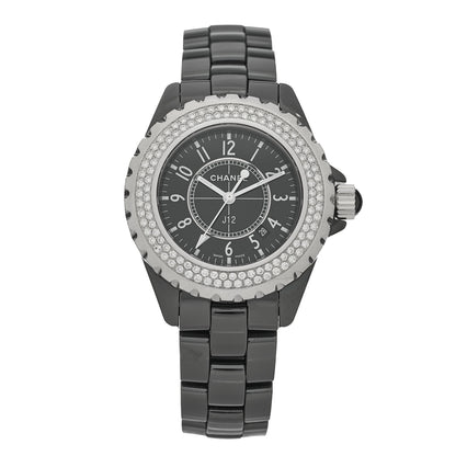 Chanel Stainless Steel Ceramic Diamond Pave Bezel 33mm J12 Quartz Watch Black 1 of 4