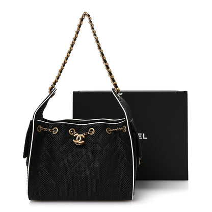 Chanel Braided Raffia Calfskin Small Chanel 25 Handbag Black White 10 of 10