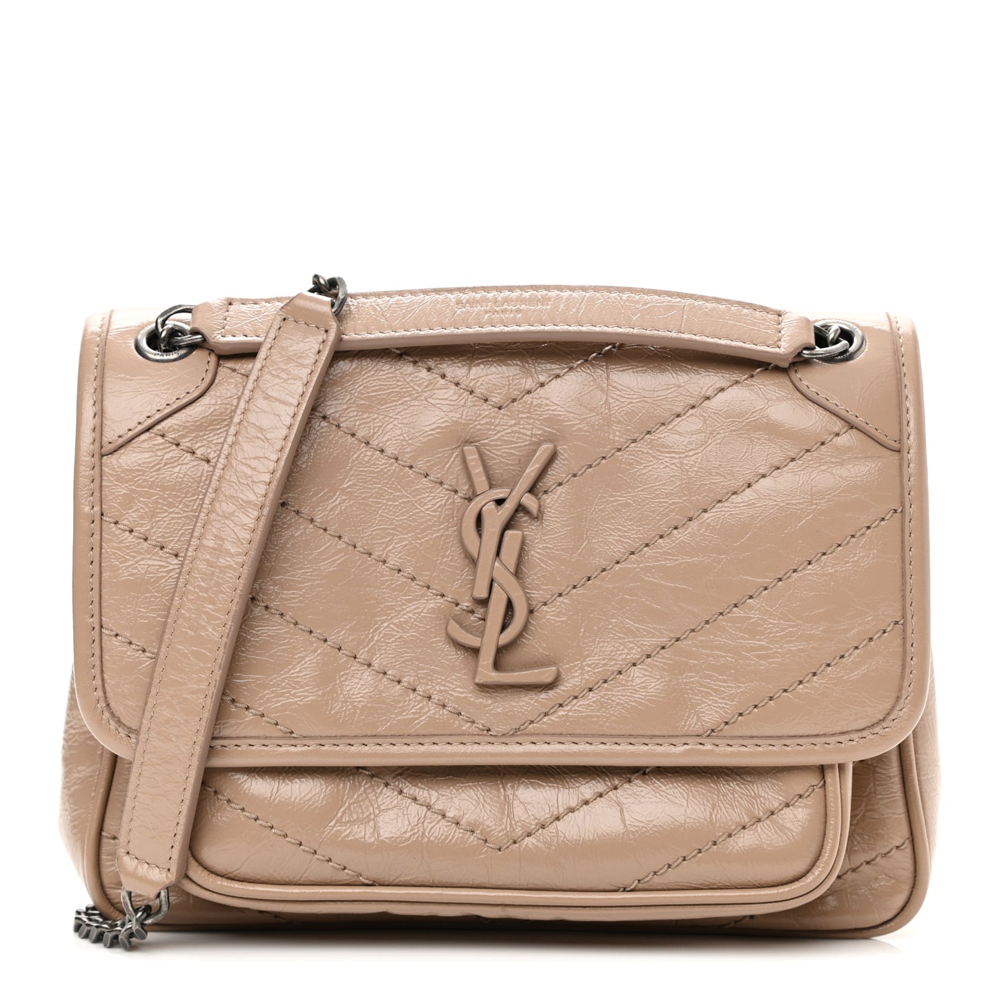 Crinkled Calfskin Matelasse Monogram Baby Niki Chain Satchel Light Taupe