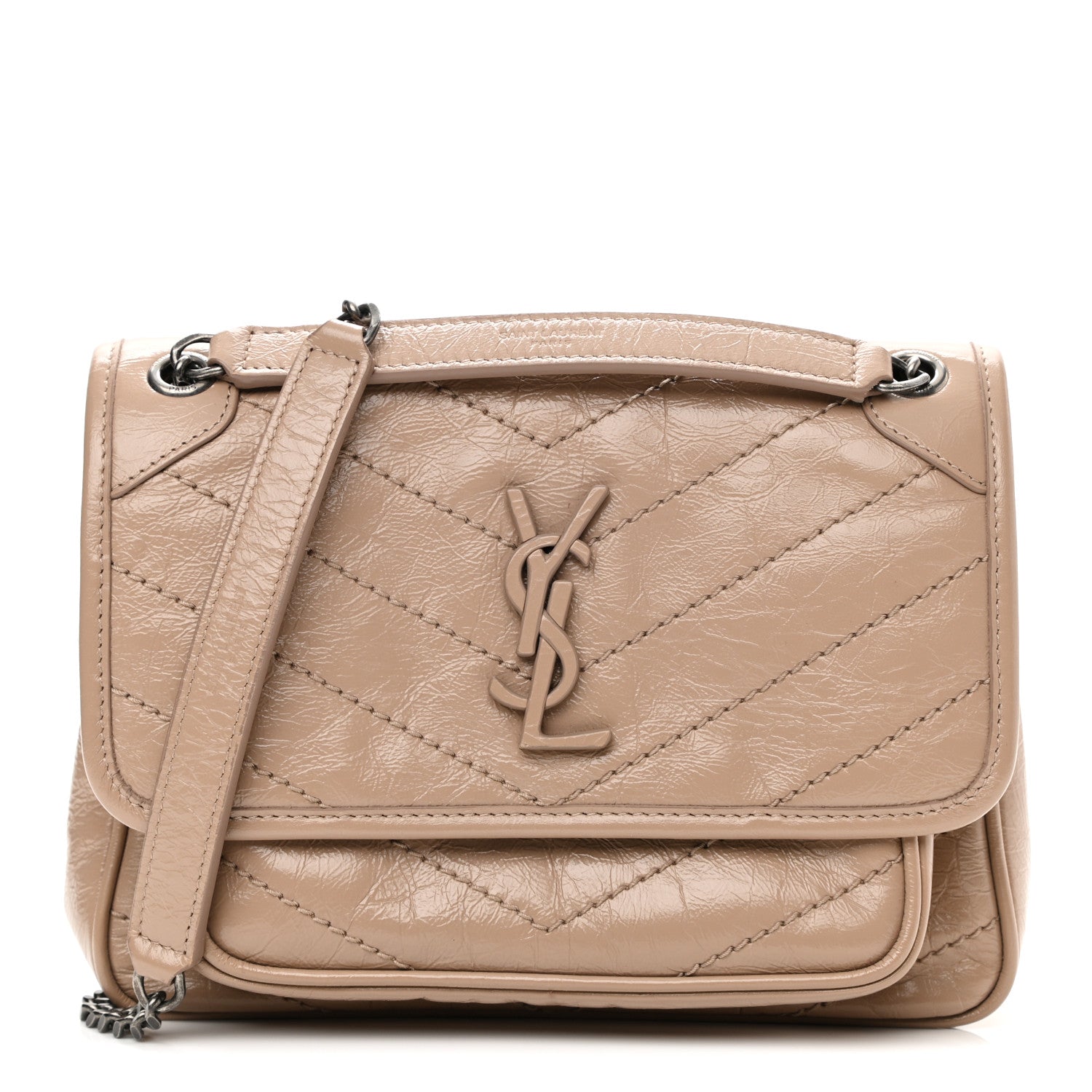 Saint Laurent Crinkled Calfskin Matelasse Monogram Baby Niki Chain Satchel Light Taupe 1 of 12