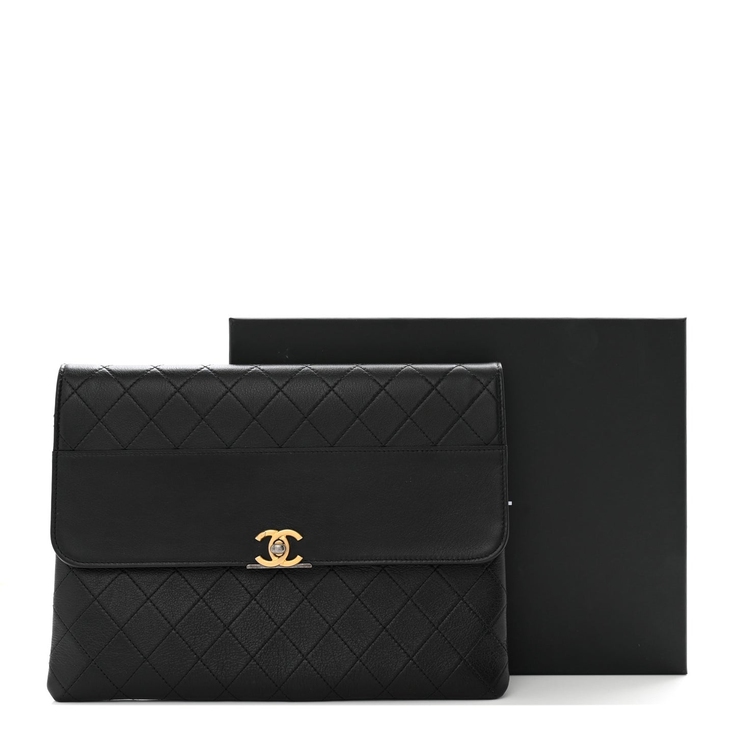 Calfskin Quilted CC Flap Clutch Black