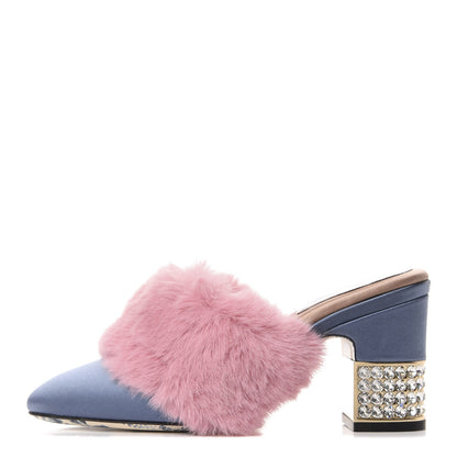 Gucci Faux Fur Silk Satin Crystal Candy Mules 35 Rosa Carta Zucchero 1 of 8