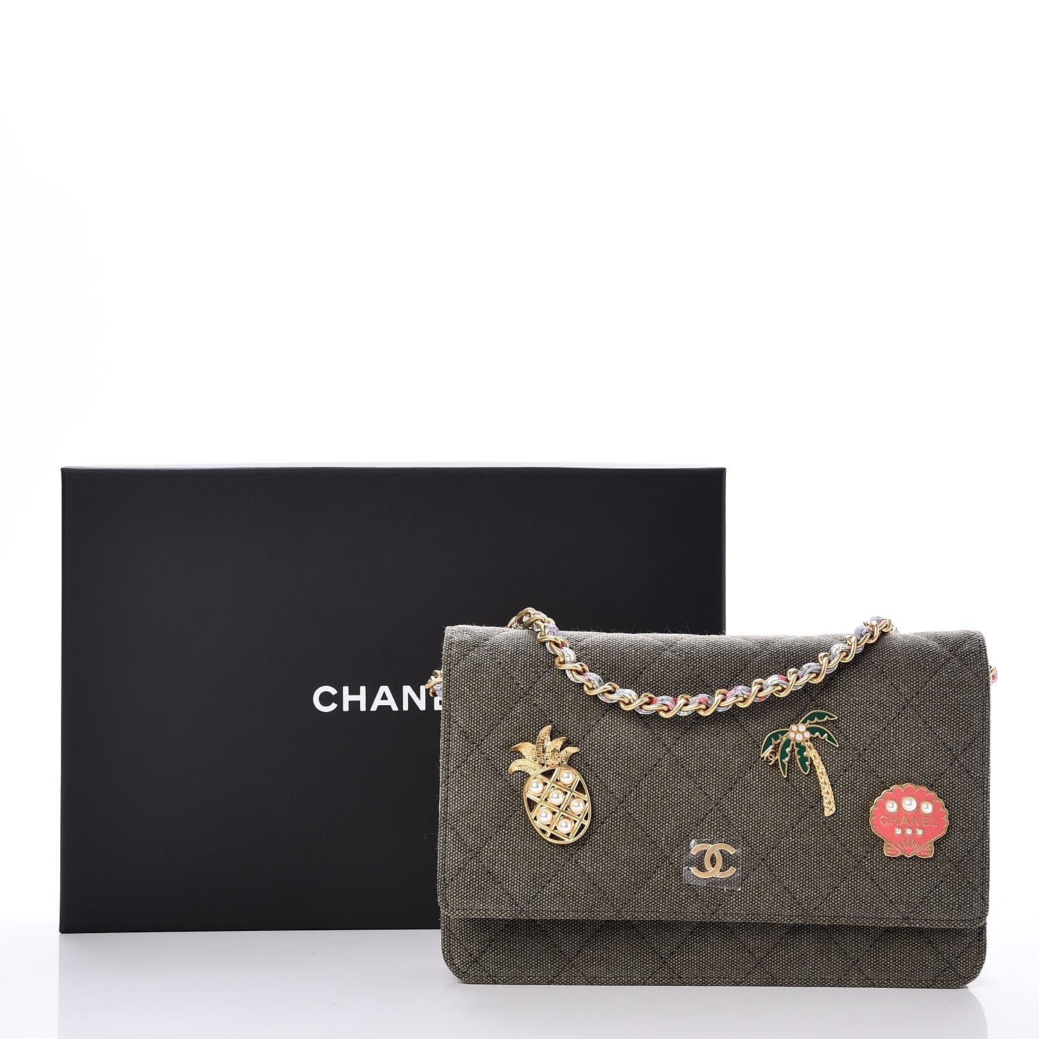 Chanel Canvas Quilted Coco Cuba Charms Wallet On Chain WOC Khaki 8 of 8