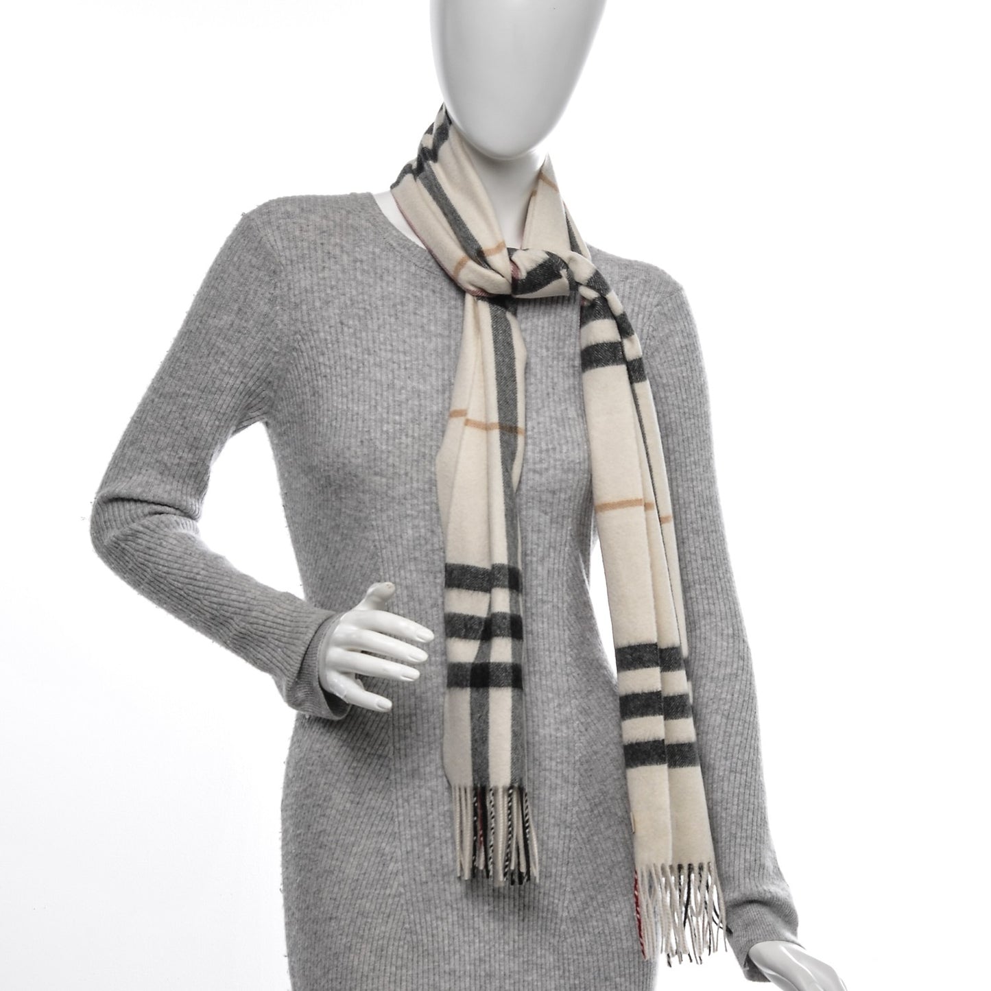 Cashmere Giant Check Fringe Scarf Ivory