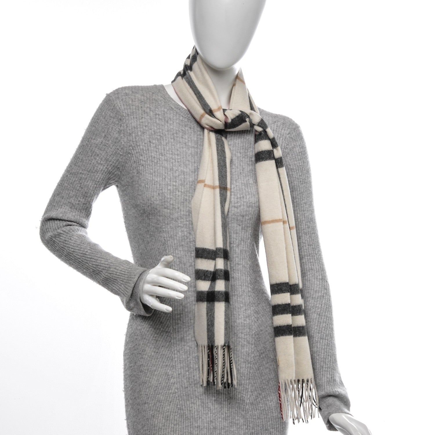 Burberry Cashmere Giant Check Fringe Scarf Ivory 2 of 4