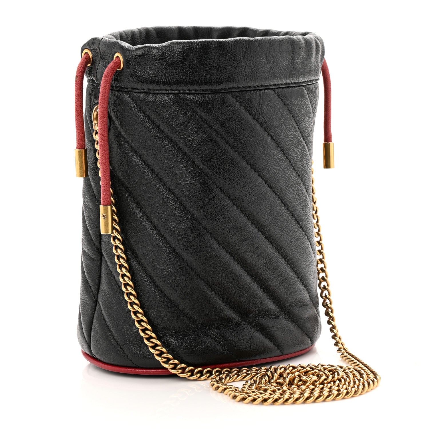 Gucci Vintage Effect Calfskin Matelasse Diagonal Mini Torchon GG Marmont 2.0 Bucket Bag Black Romantic Cherry 3 of 10