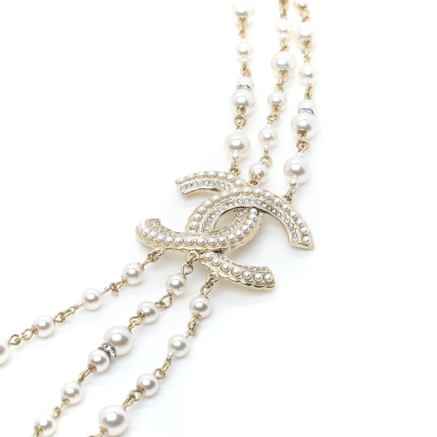 Graduated Pearl Crystal CC Multi Strand Long Necklace Gold