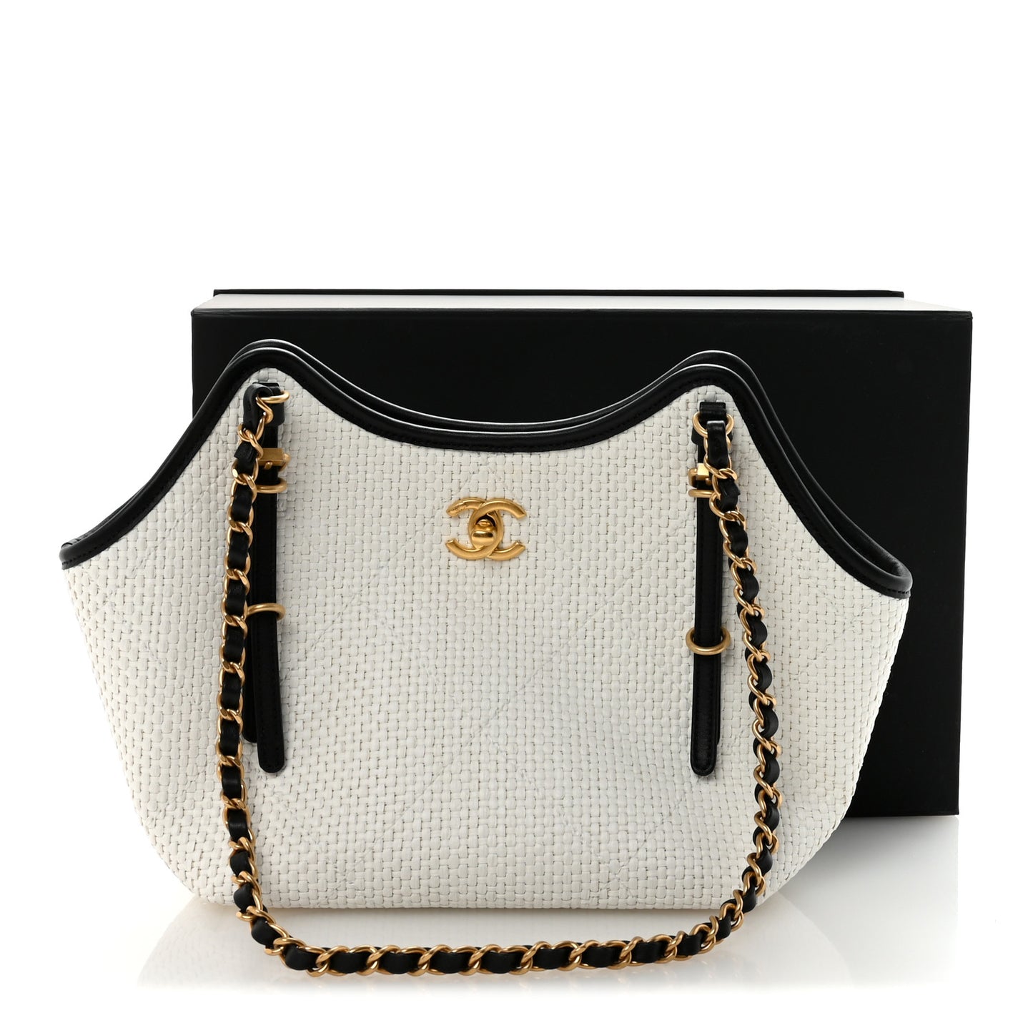 Braided Raffia Calfskin Small Shopping Bag White Black