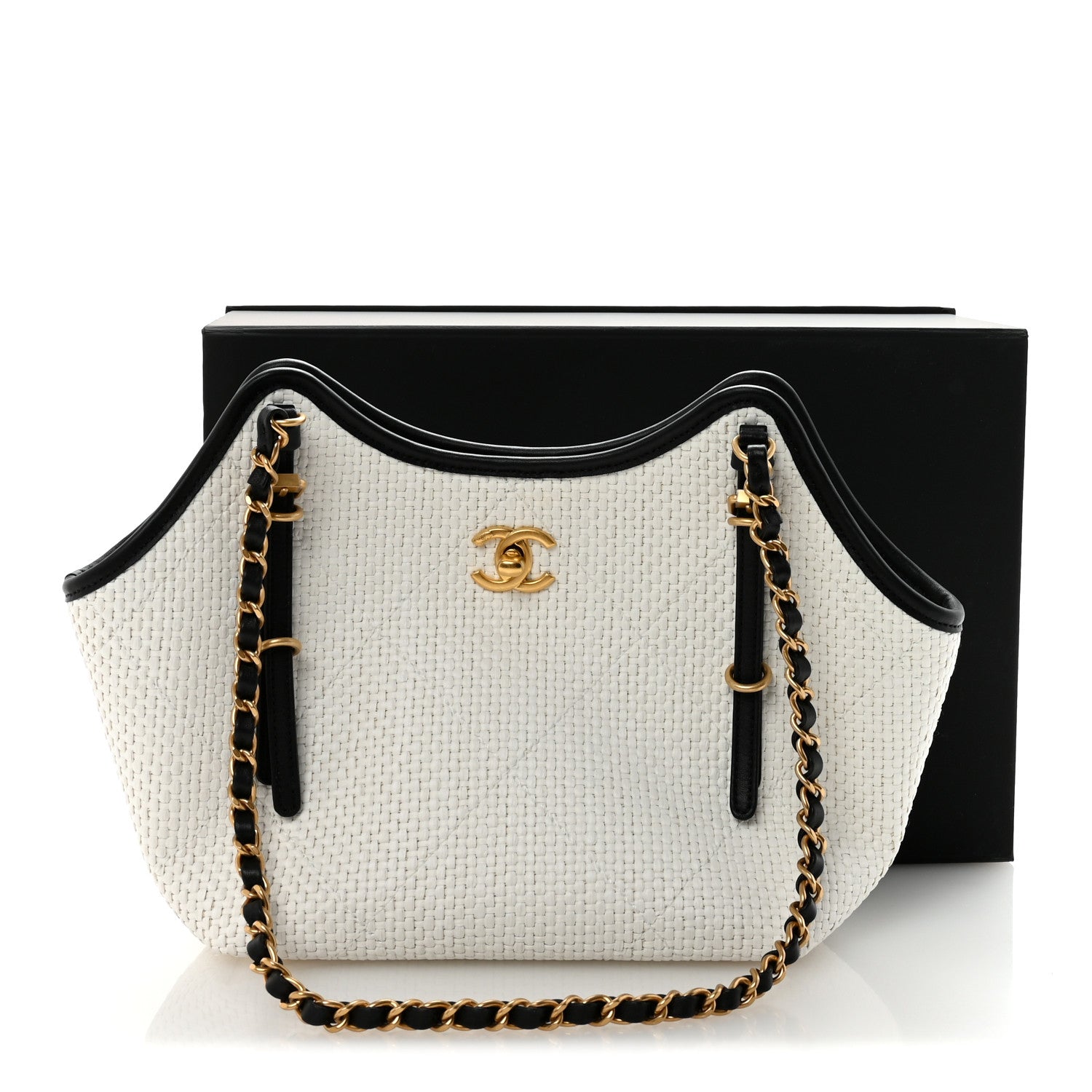Chanel Braided Raffia Calfskin Small Shopping Bag White Black 11 of 11