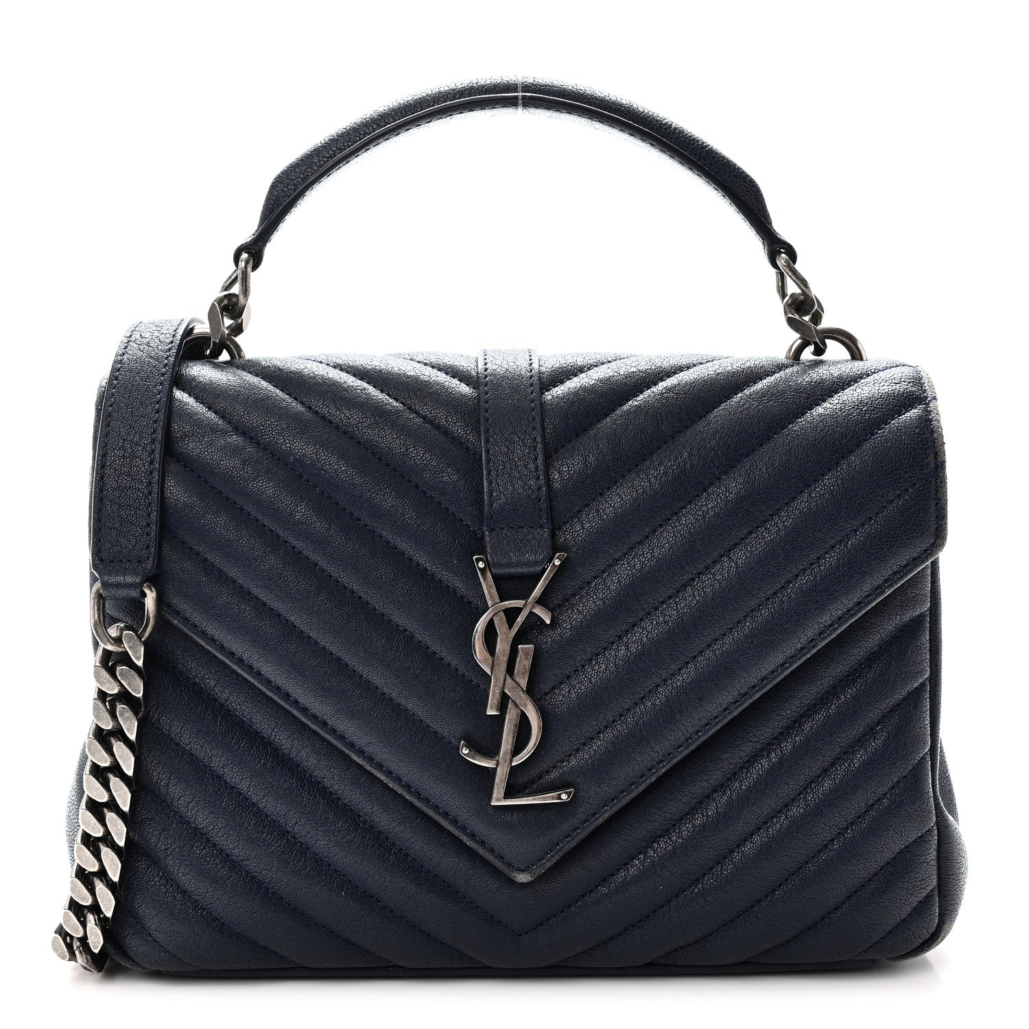 Saint Laurent Sheepskin Matelasse Chevron Monogram Medium College Satchel Navy 1 of 10