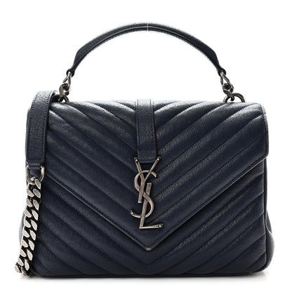 Saint Laurent Sheepskin Matelasse Chevron Monogram Medium College Satchel Navy 1 of 10