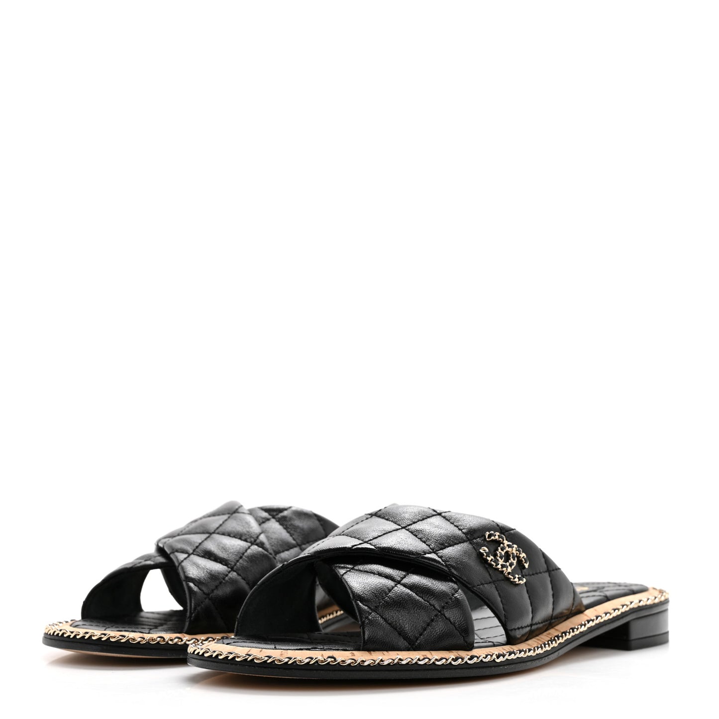 Lambskin Quilted Chain CC Sandals 40 Black