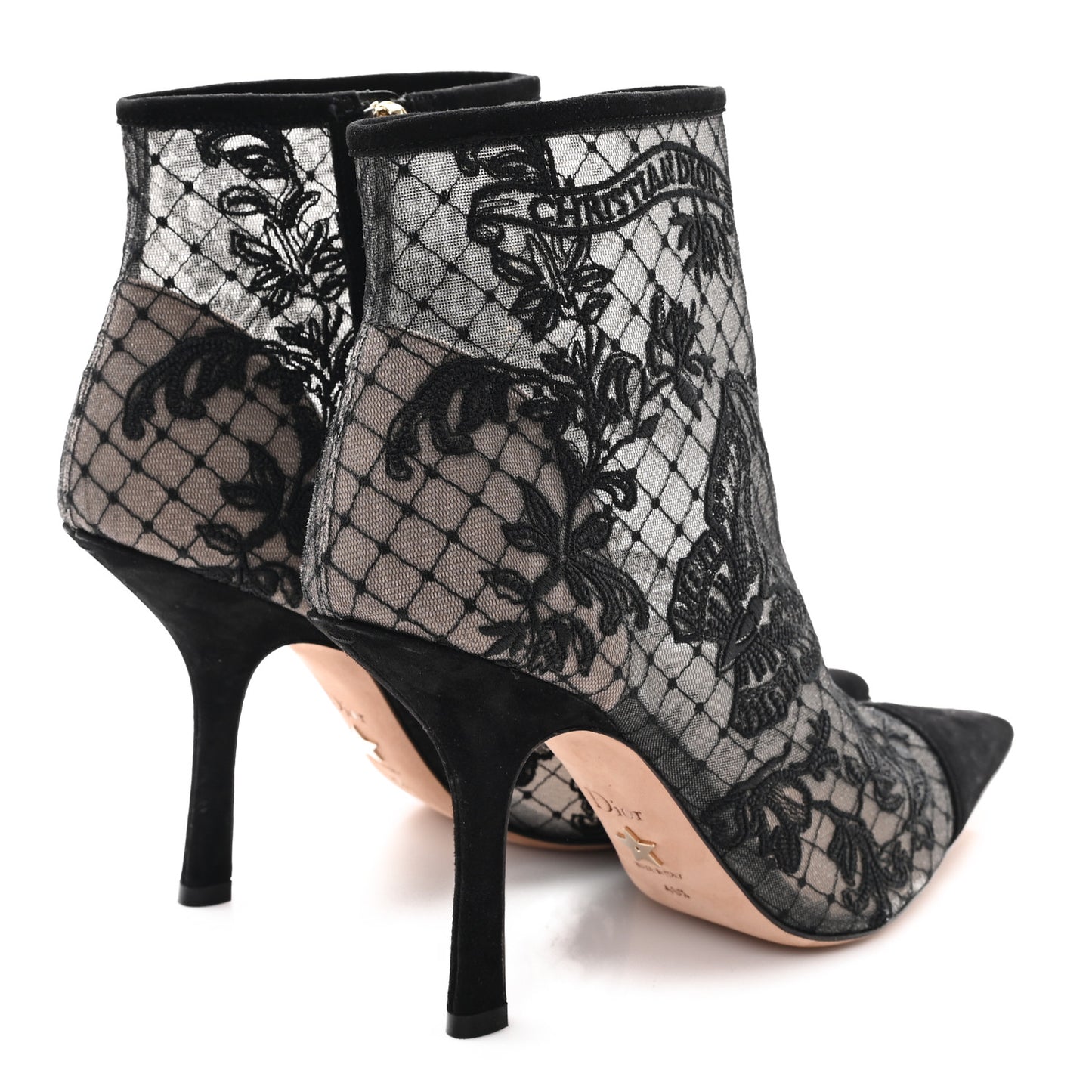 Suede Mesh Lace Embroidered Roses Dior Capture Ankle Boots 40.5 Black