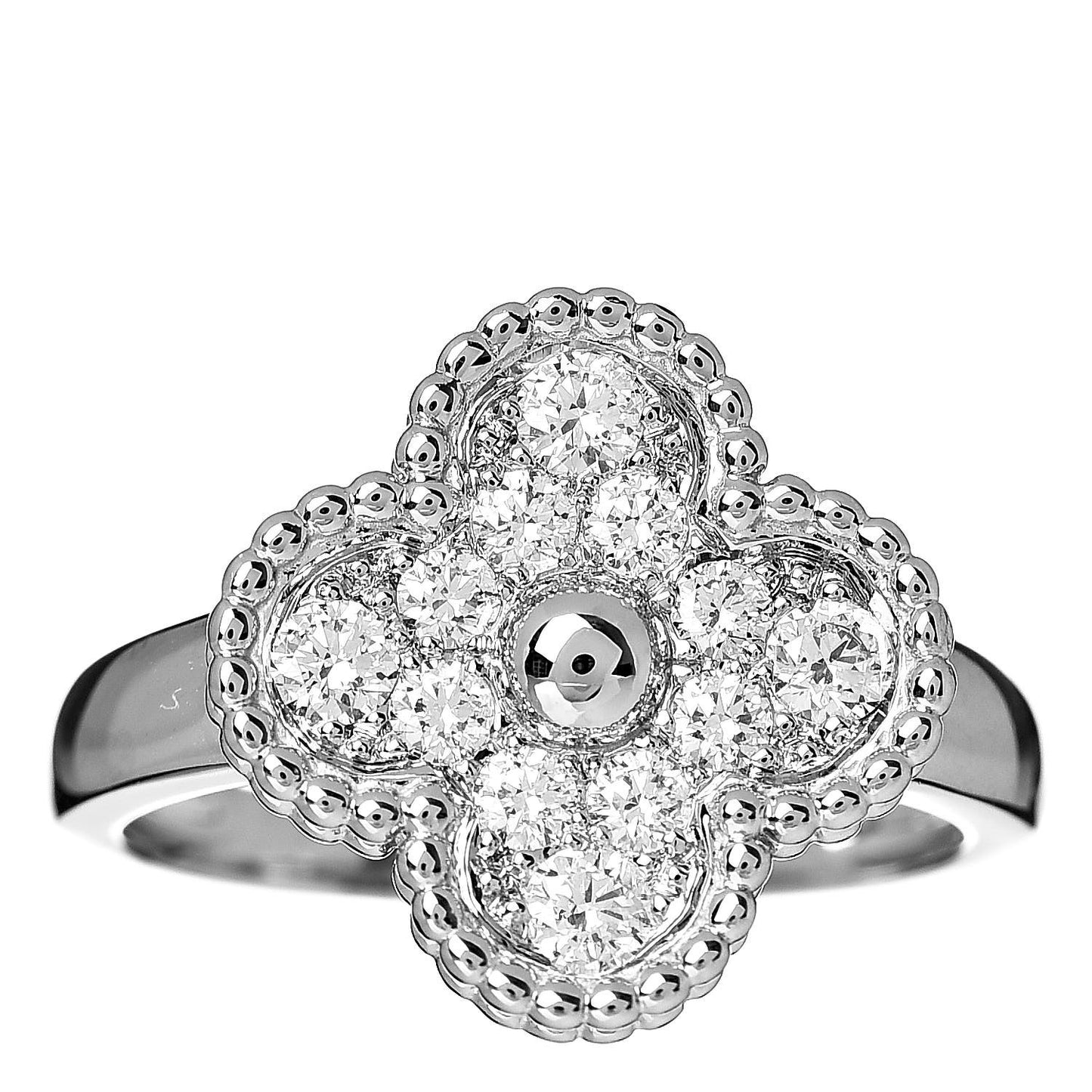 18K White Gold Diamond Vintage Alhambra Ring 52 6