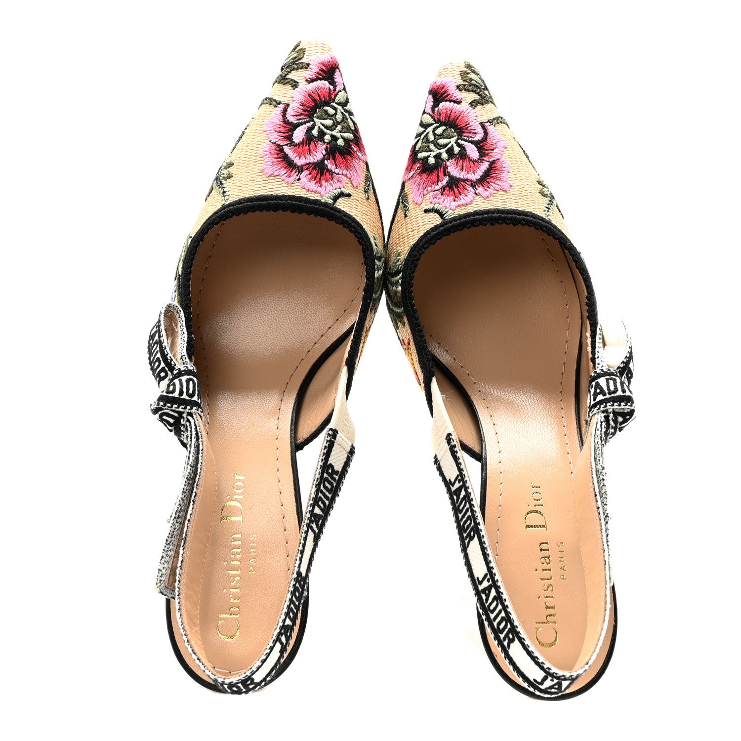 Christian Dior Ribbon Petites Fleurs Embroidered J'Adior Slingback Pumps 37.5 Straw Multicolor 2 of 9