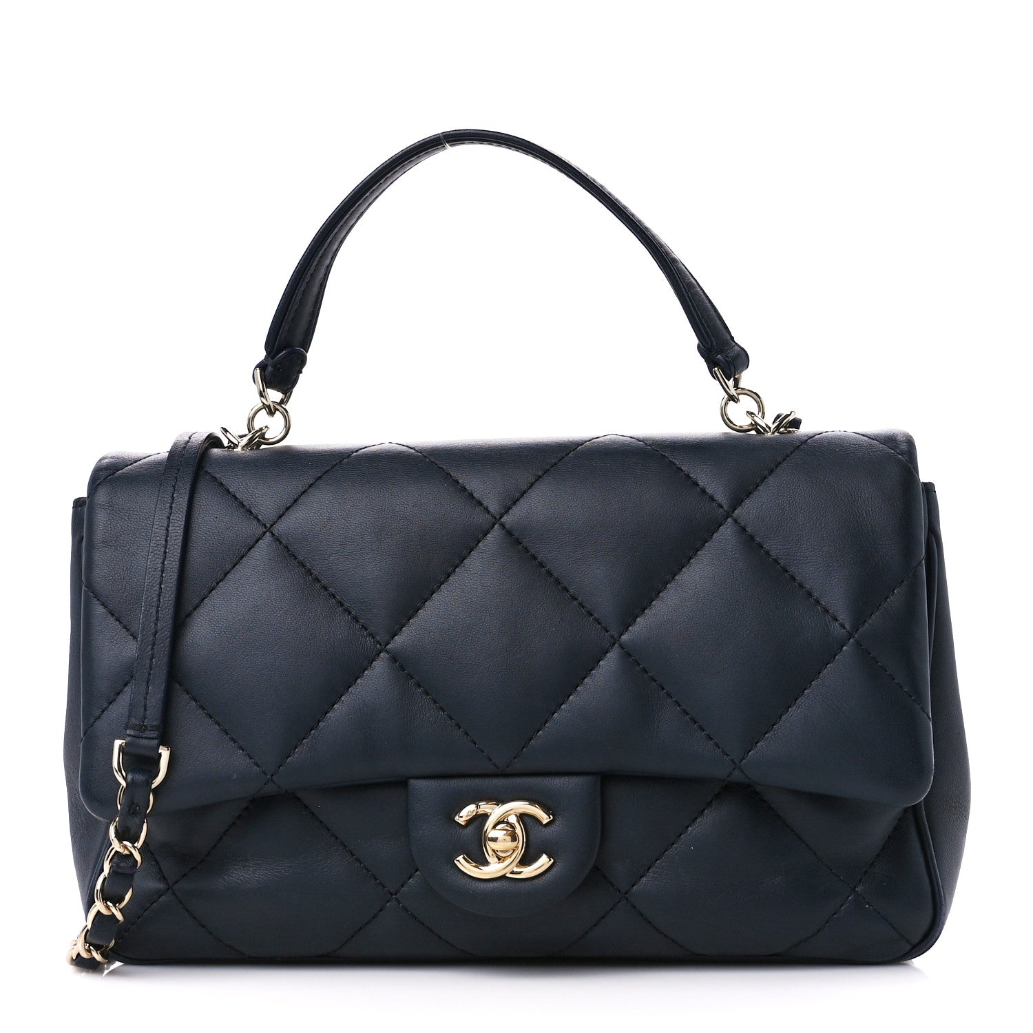 Chanel Calfskin Quilted Top Handle Single Flap Navy 1 of 11
