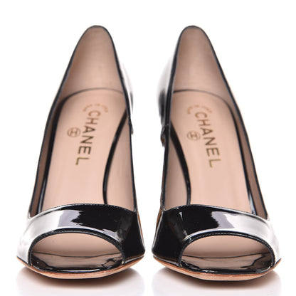 Chanel Patent Peep Toe CC Pumps 38.5 Black 3 of 12