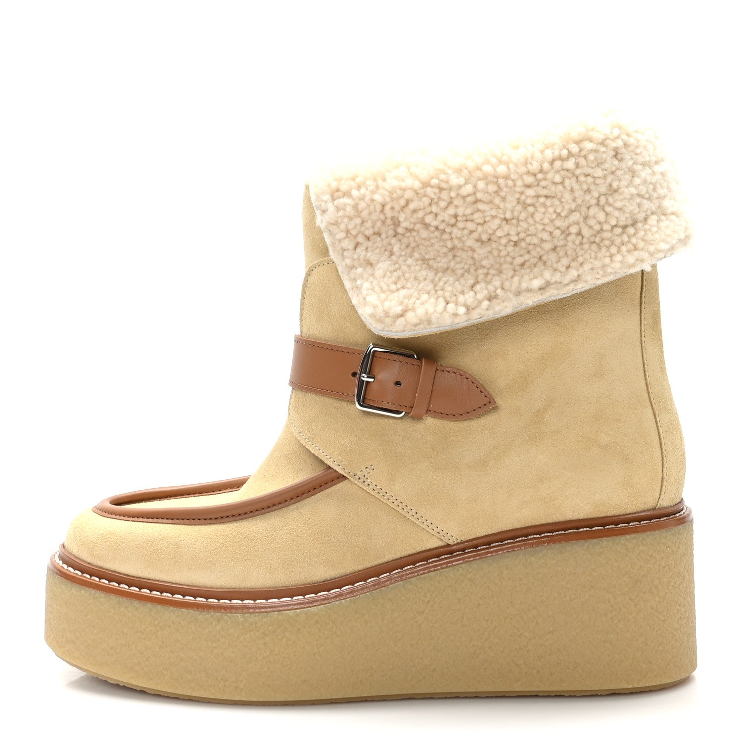 Hermes Suede Shearling Womens Hemisphere Ankle Boots 37.5 Beige Palomino 1 of 8