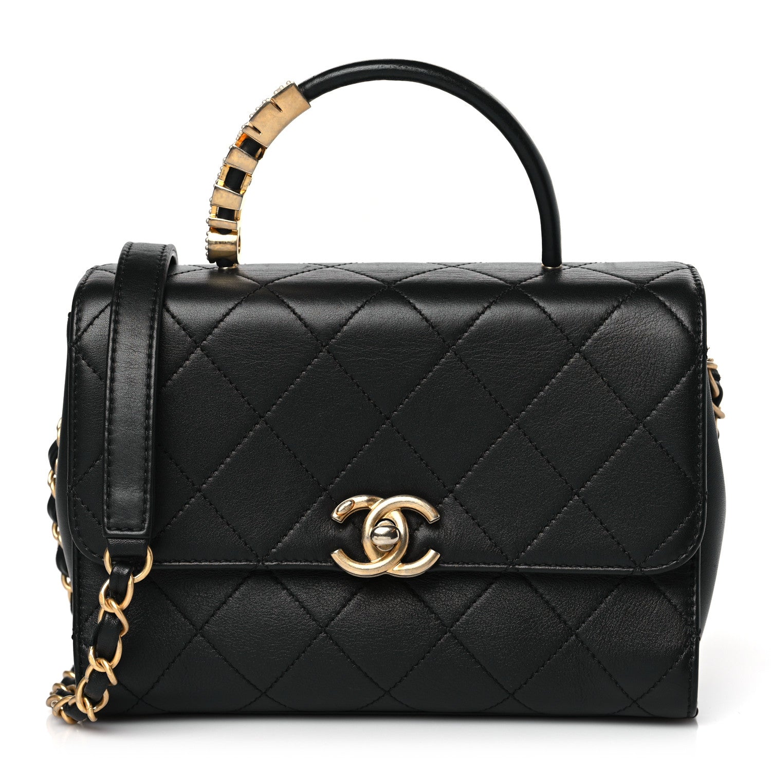 Chanel Lambskin Stitched Pearl Logo Top Handle Flap Black 1 of 10