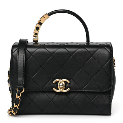 Chanel Lambskin Stitched Pearl Logo Top Handle Flap Black 1 of 10