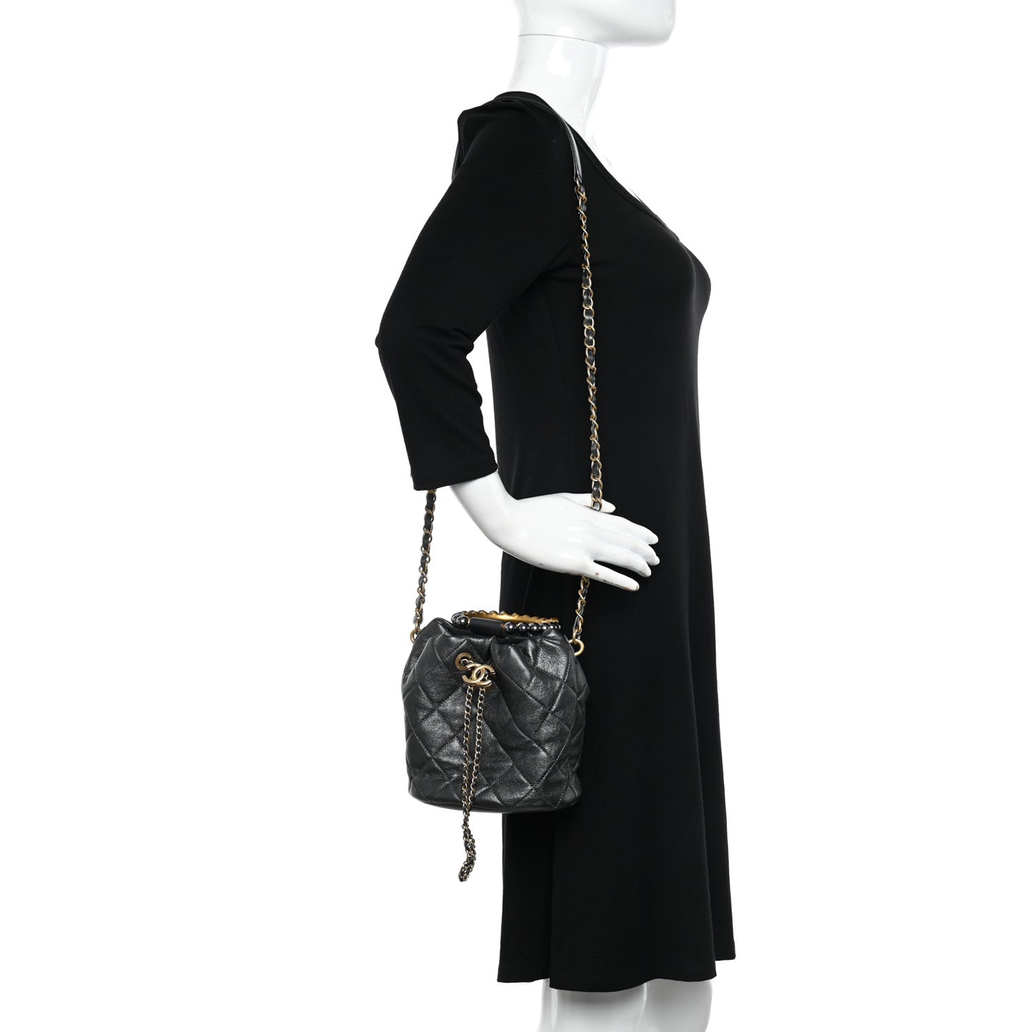 Metallic Lambskin Quilted Pearl Crown Drawstring Bag Anthracite
