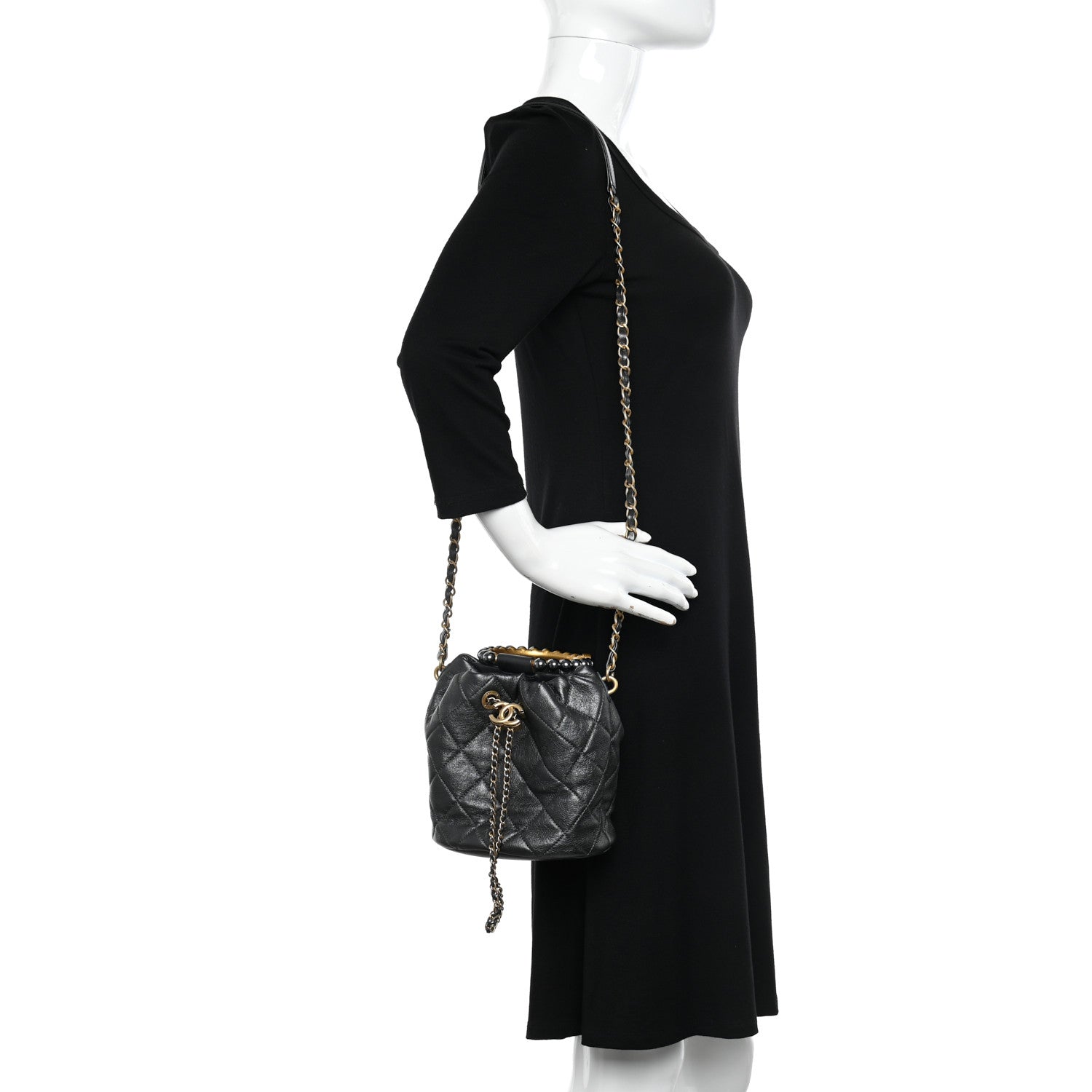 Chanel Metallic Lambskin Quilted Pearl Crown Drawstring Bag Anthracite 2 of 11