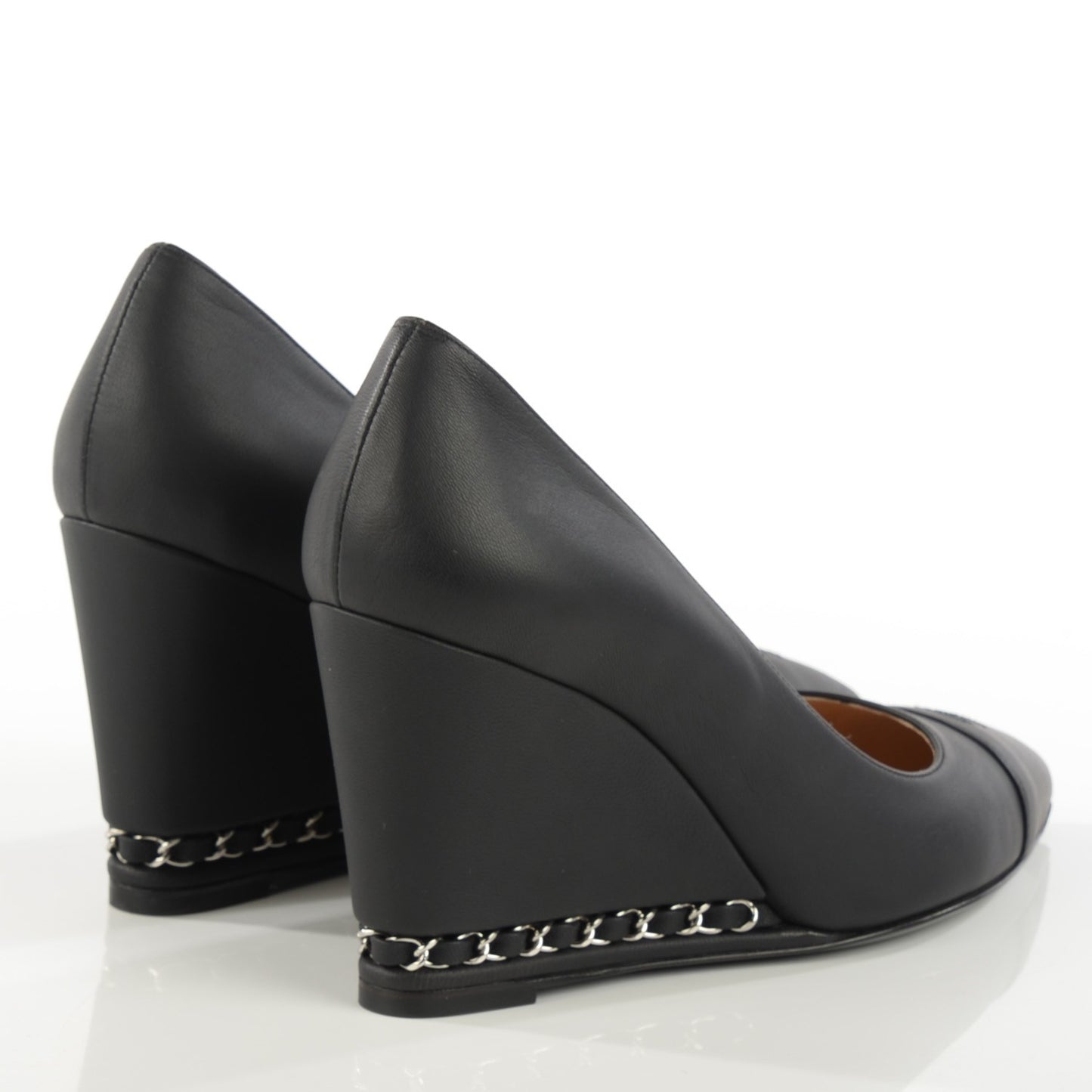 Calfskin Cap Toe Chain Wedge Pumps 37 Black