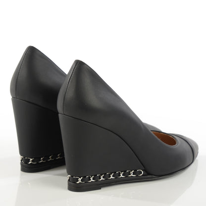 Chanel Calfskin Cap Toe Chain Wedge Pumps 37 Black 4 of 8
