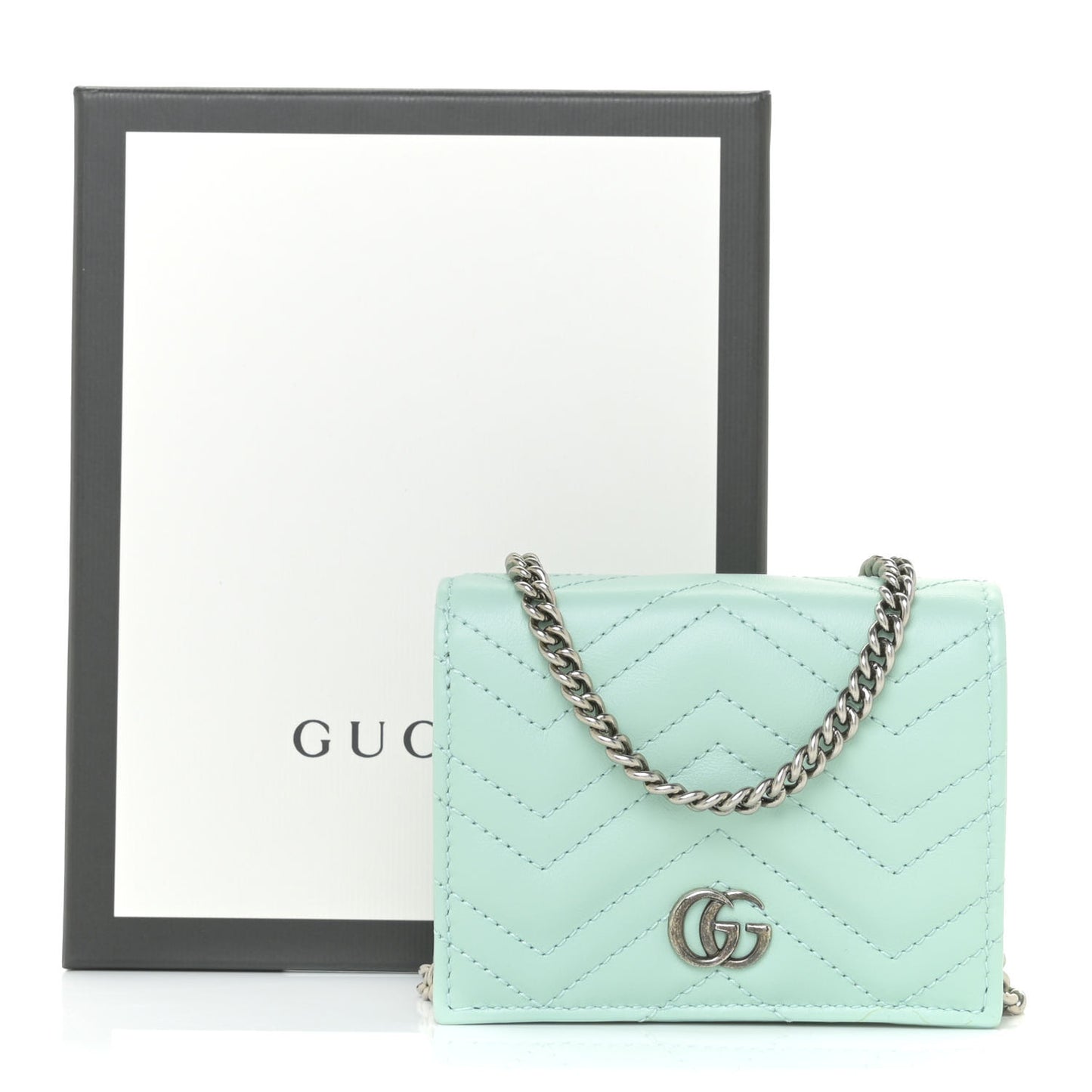 Calfskin Matelasse GG Marmont Mini Wallet On Chain Water Green