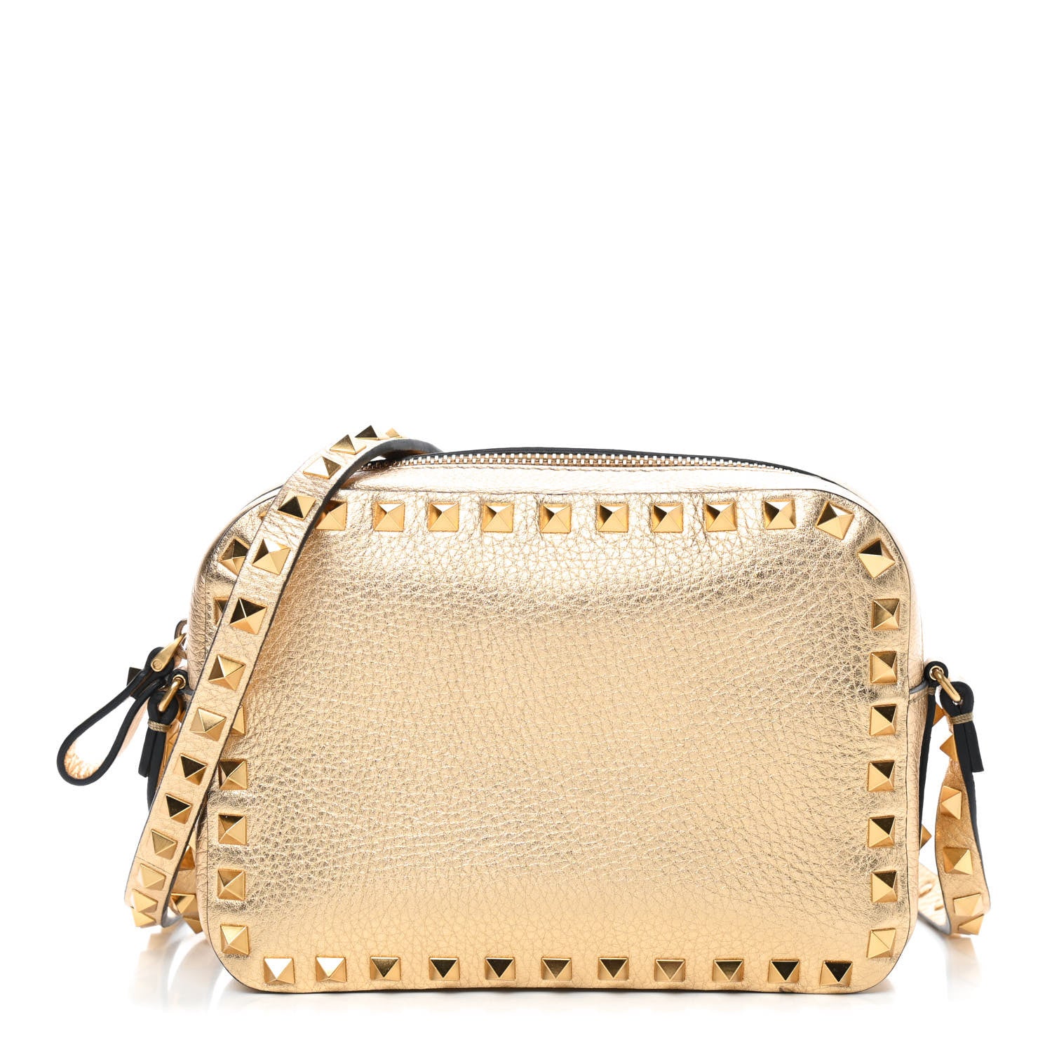 Valentino Garavani Metallic Pebbled Calfskin Rockstud Camera Crossbody Bag Gold 1 of 9