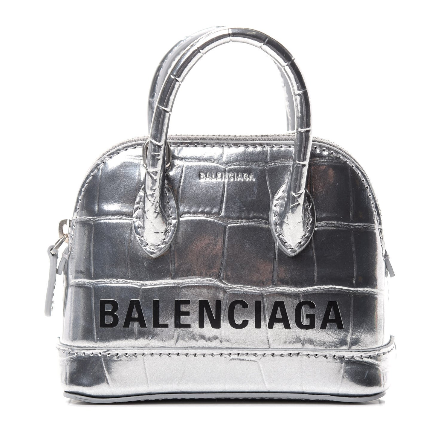 Metallic Calfskin Logo Crocodile Embossed Mini Ville Top Handle Bag Silver Black