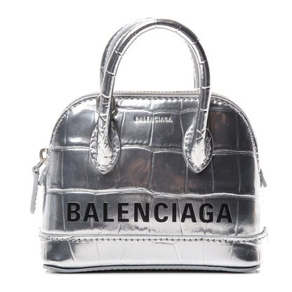 Balenciaga Metallic Calfskin Logo Crocodile Embossed Mini Ville Top Handle Bag Silver Black 1 of 6