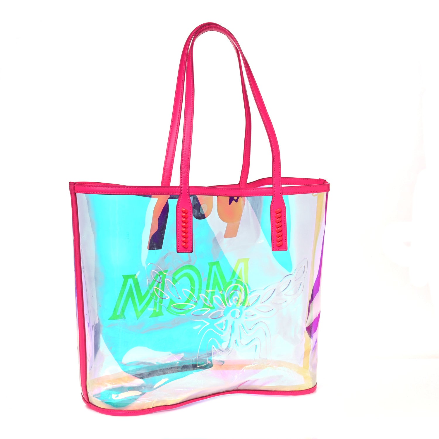 MCM Iridescent PVC Shopper Tote Neon Pink Hologram 4 of 15