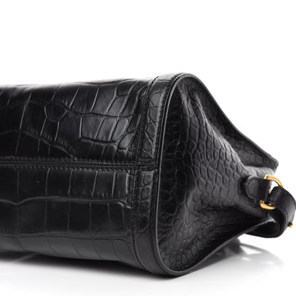 Alexander McQueen Calfskin Crocodile Embossed Small Skull Padlock Zip Around Tote Black 7 of 10