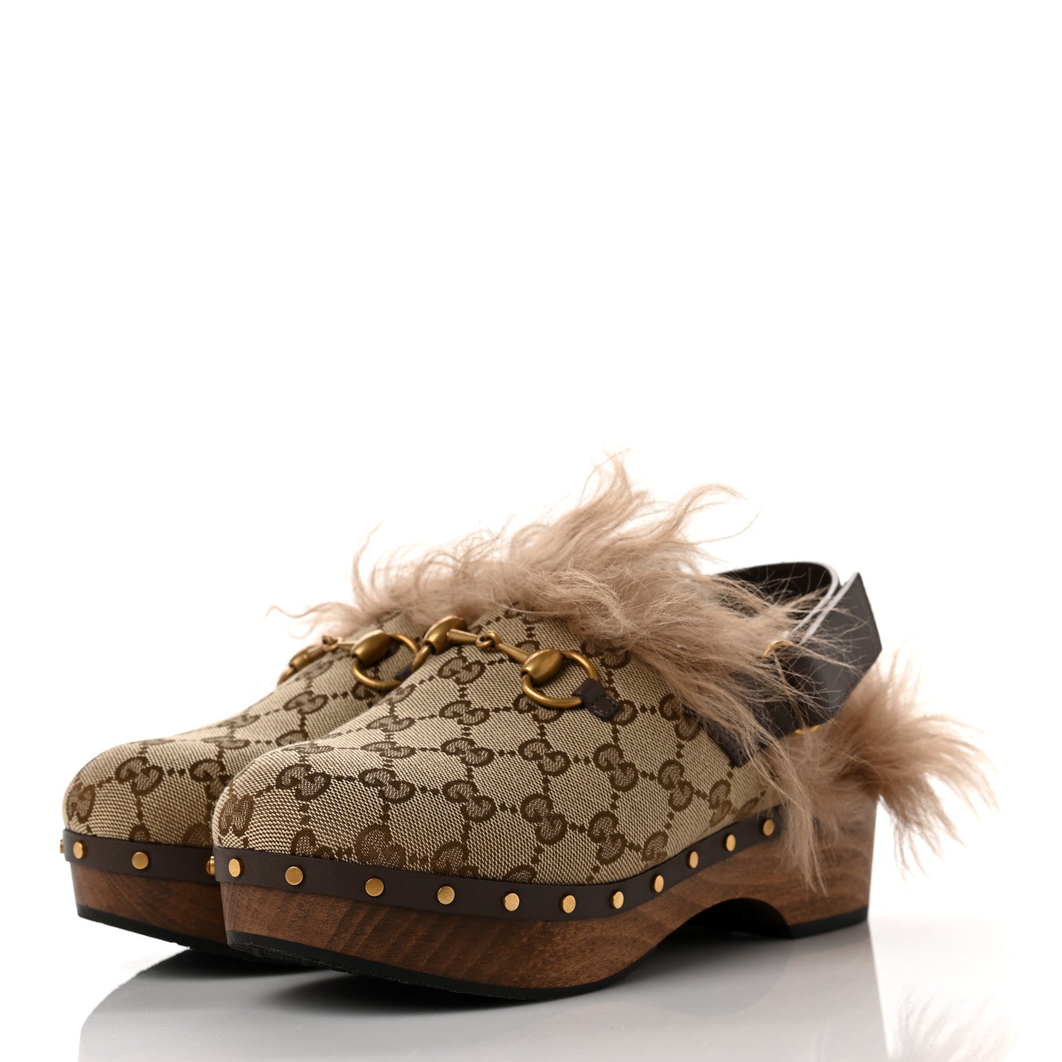 Gucci Monogram Calfskin Fur Horsebit Amstel Slingback Clogs 39 Beige Ebony New Acero Naturale 3 of 7