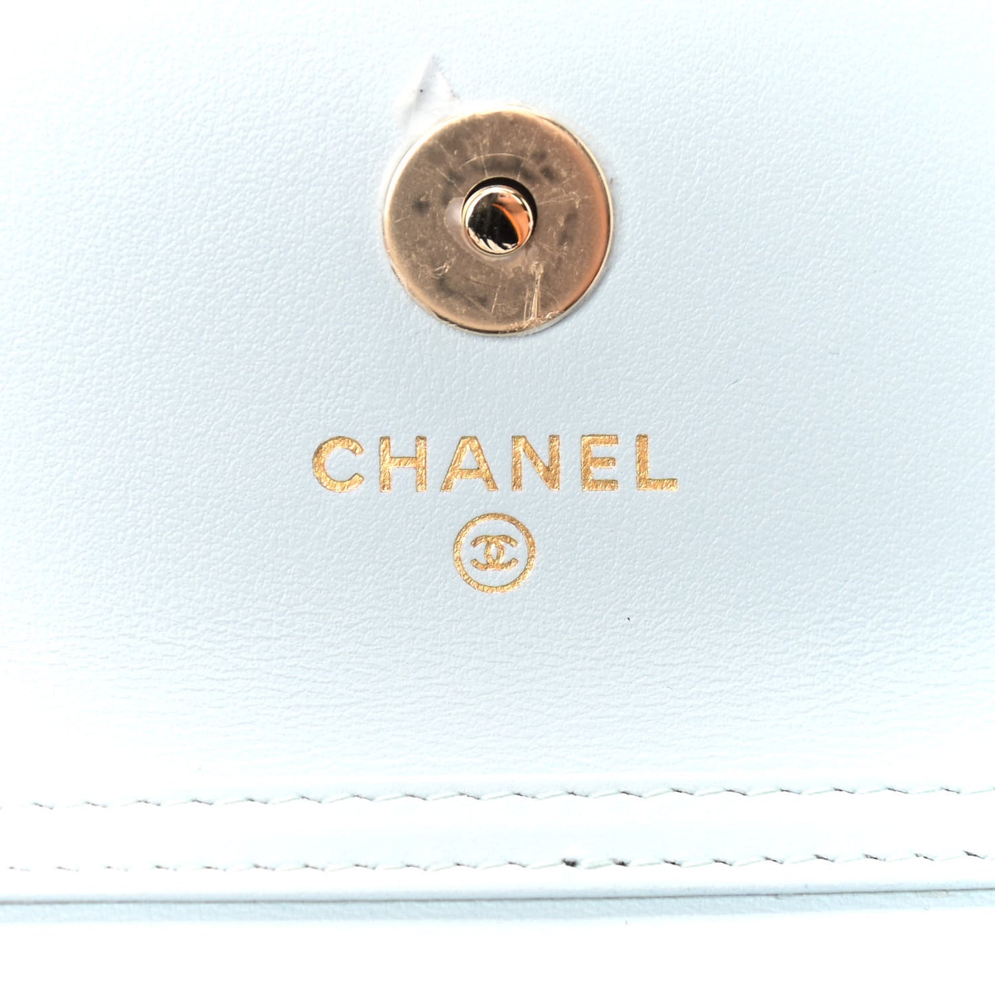 Calfskin Quilted Maxi Pearls Card Holder Flap With Chain Light Blue