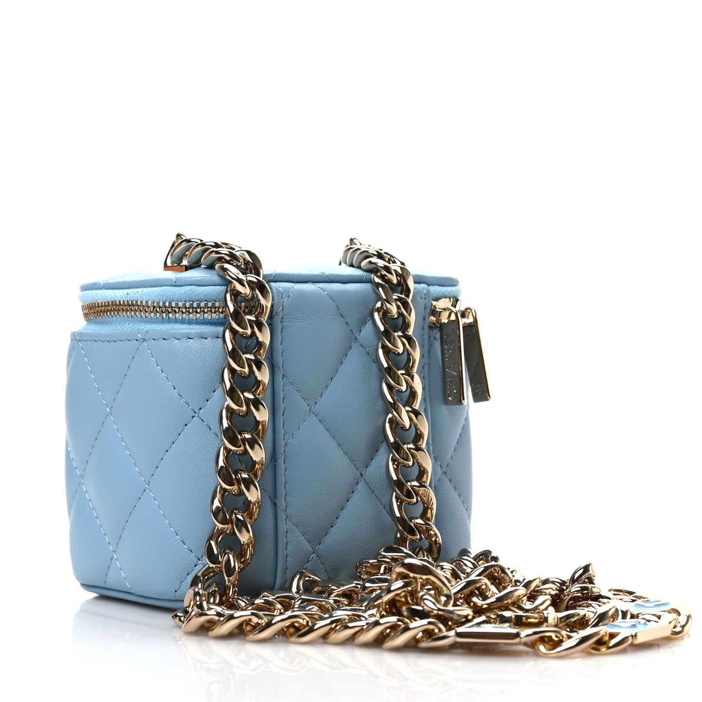 Lambskin Quilted Enamel Coco Mini Vanity Case With Chain Blue