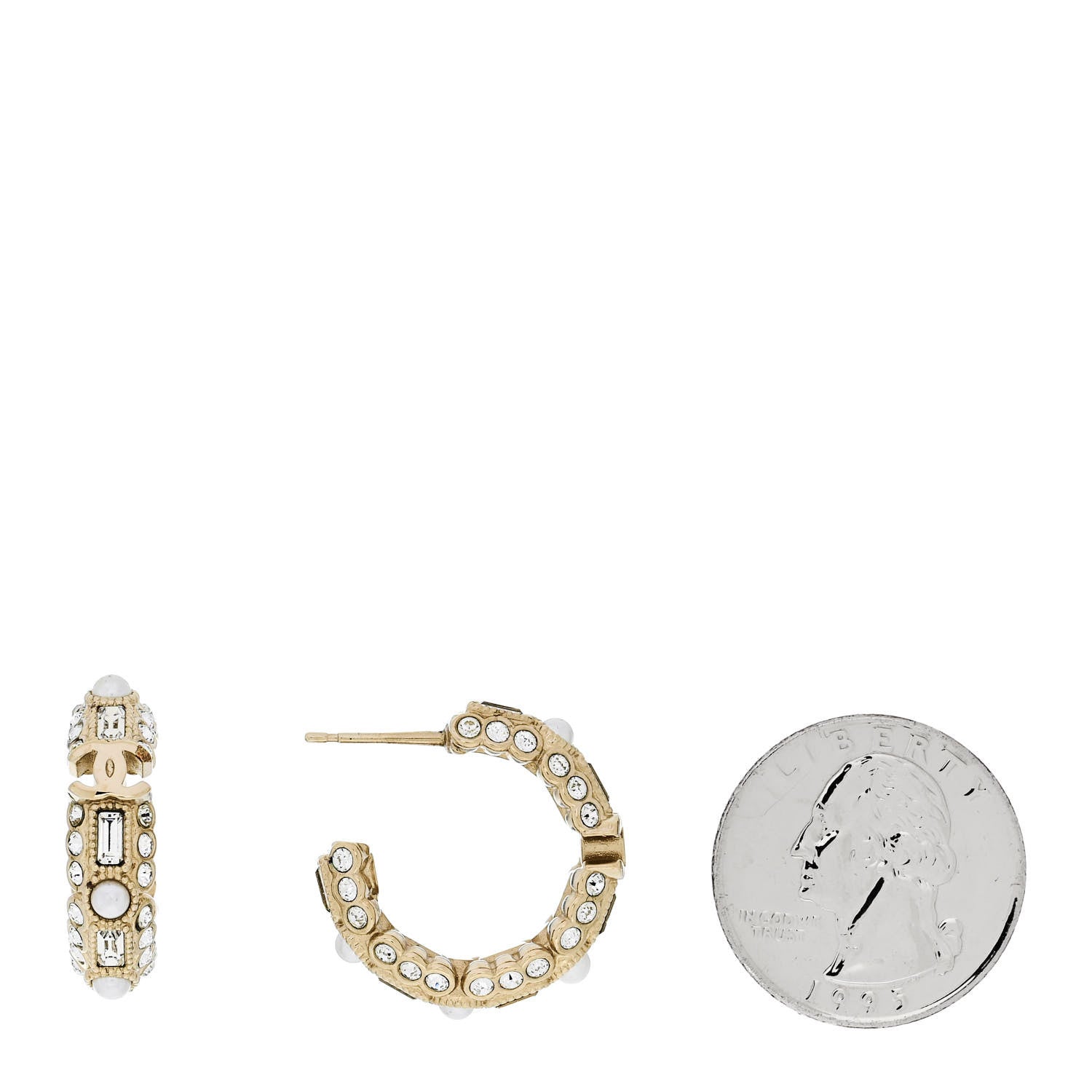 Chanel Metal Crystal Pearl CC Hoop Earrings Gold 2 of 5
