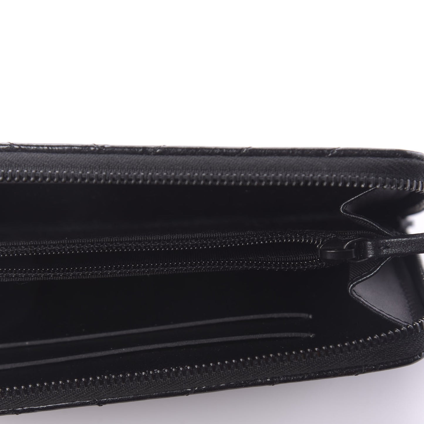 Metallic Crumpled Patent Calfskin Chevron Quilted Medium Zip Around Wallet Black