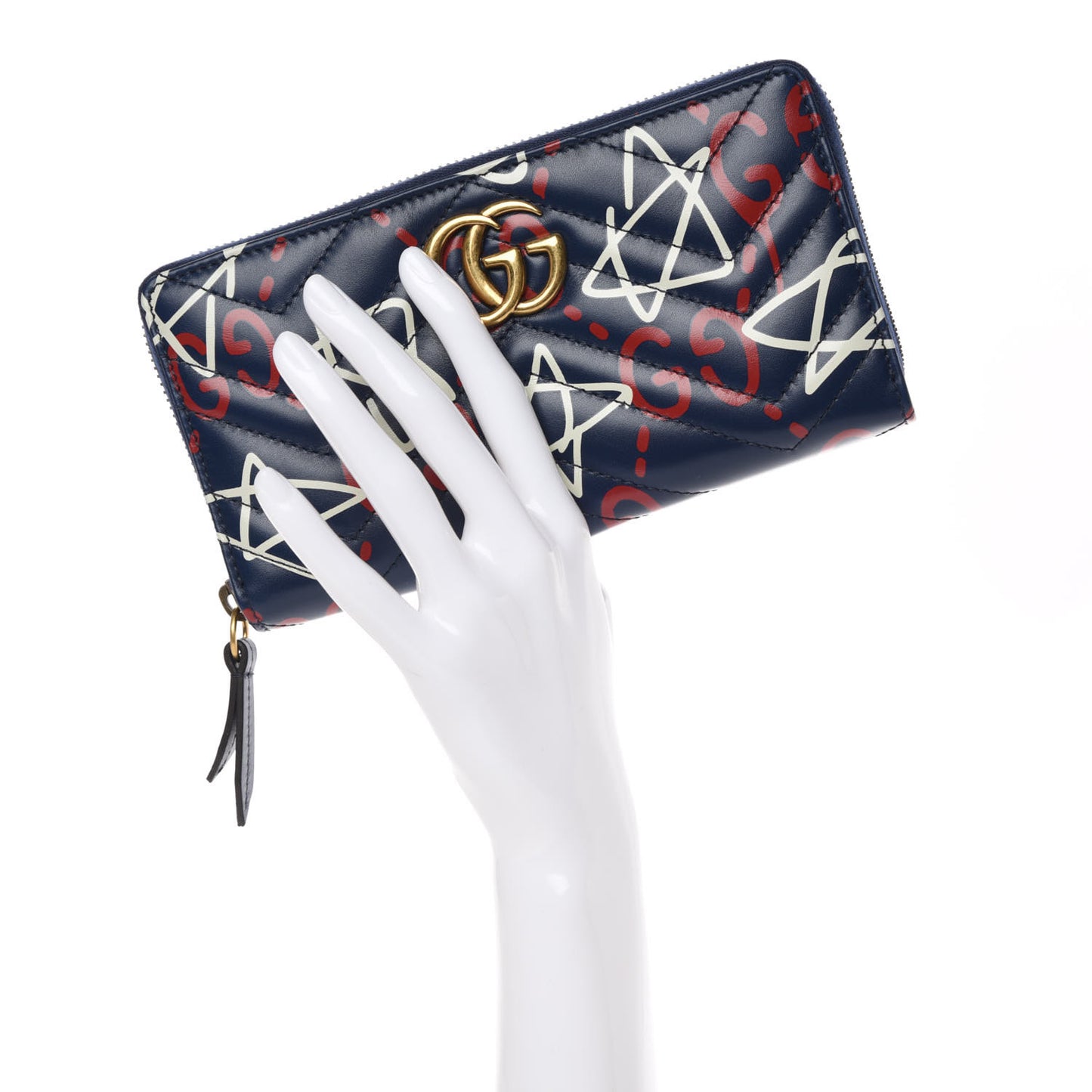 Calfskin Matelasse GucciGhost GG Marmont Zip Around Wallet Blue Agata Hibiscus Red
